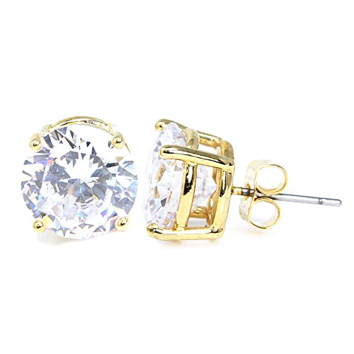 Stainless Steel Round Cut Cubic Zirconia Stud Earrings With Clear Case - Gold, Silver (3mm~12mm) - color: 12mm-Gold