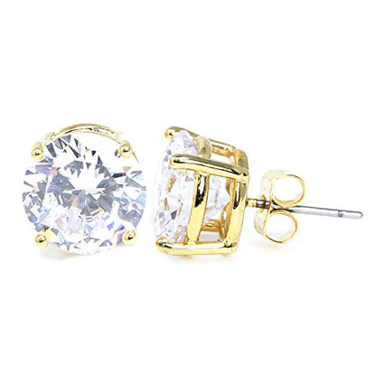 Stainless Steel Round Cut Cubic Zirconia Stud Earrings With Clear Case - Gold, Silver (3mm~12mm) - color: 12mm-Gold
