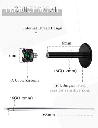 18G 16G 14G Internally Threaded Nose Rings Studs Flat Back Earrings Surgical Steel CZ Nose Rings Stud Tragus Helix Conch Cartilage Earrings Stud Piercing Jewelry For Women Men Hypoallergenic - color: Black-Rainbow CZ, size: 16 Gauge-6mm Bar-2mm CZ