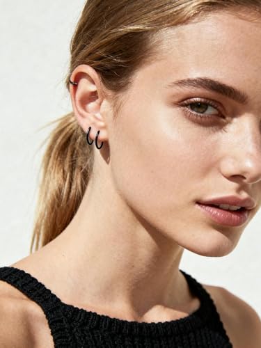 925 Sterling Silver Huggie Hoop Earrings, Small Silver Hoop Earrings for Women Hypoallergenic Huggie Lightweight Small Hoops Earring Cartilage Sleeper Earrings 6/8/10/12/14/16/18/20mm - color: Black, size: 10MM