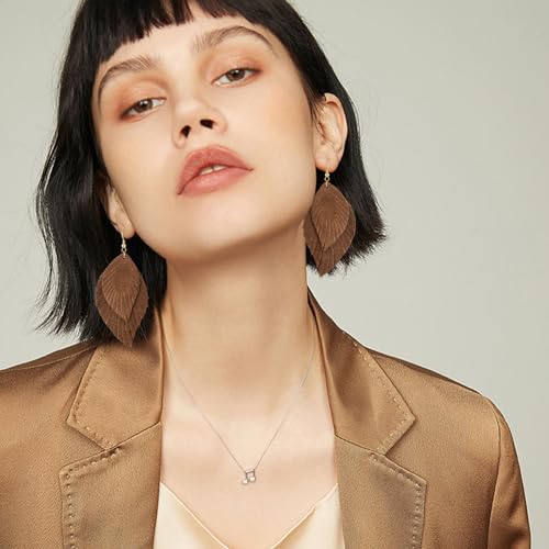 Genuine Leather Handmade Fringe Feather Lightweight Dangle Drop Earrings Teardrop Tassel Hook Earrings for Women - style: 13 Brown