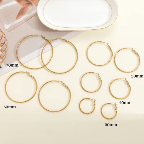 Senteria Large Gold Plated Hoop Earrings for Women Lightweight 316L Stainless Steel Hoop Earrings Set Hypoallergenic Thin Gold Plated Hoop Earrings for Women (30/40/50/60/70MM) 5 Pairs - color: 5pairs(30/40/50/60/70mm)-gold