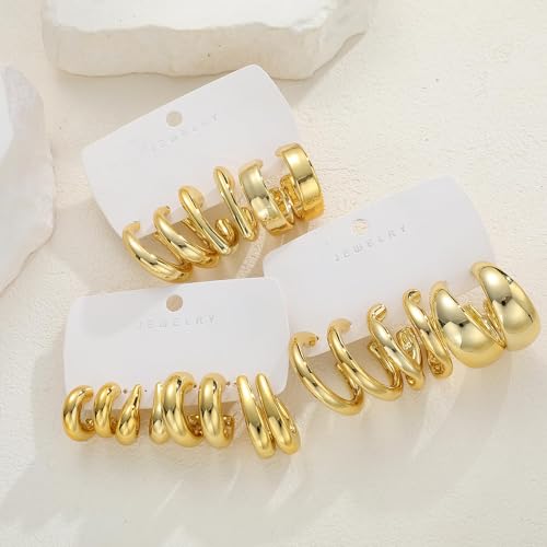 12 Pairs Chunky Gold Hoop Earrings for Women Trendy, Gold Plated Lightweight Hypoallergenic Stack, Thick Open Twisted Huggie Hoops Earring Set - color: 10 Pairs Gold stack