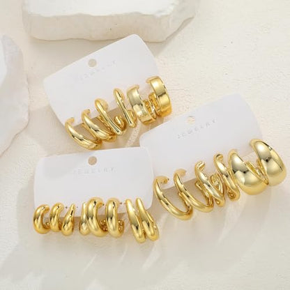 12 Pairs Chunky Gold Hoop Earrings for Women Trendy, Gold Plated Lightweight Hypoallergenic Stack, Thick Open Twisted Huggie Hoops Earring Set - color: 10 Pairs Gold stack