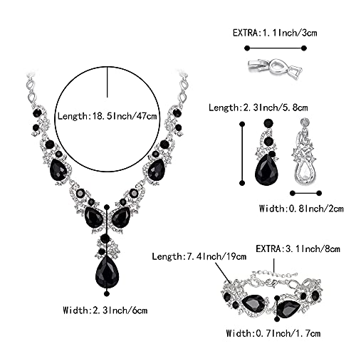 Wedding Bridal Jewelry Set for Women Prom Party Accessories | Shiny Multi Teardrop Cluster Crystal Statement Necklace Dangle Earrings Link Bracelet Set for Bride Bridesmaid - color: Black Silver-Tone
