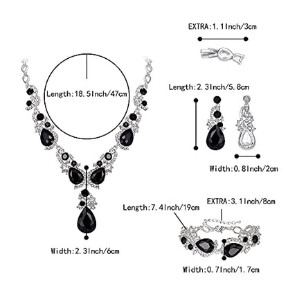 Wedding Bridal Jewelry Set for Women Prom Party Accessories | Shiny Multi Teardrop Cluster Crystal Statement Necklace Dangle Earrings Link Bracelet Set for Bride Bridesmaid - color: Black Silver-Tone