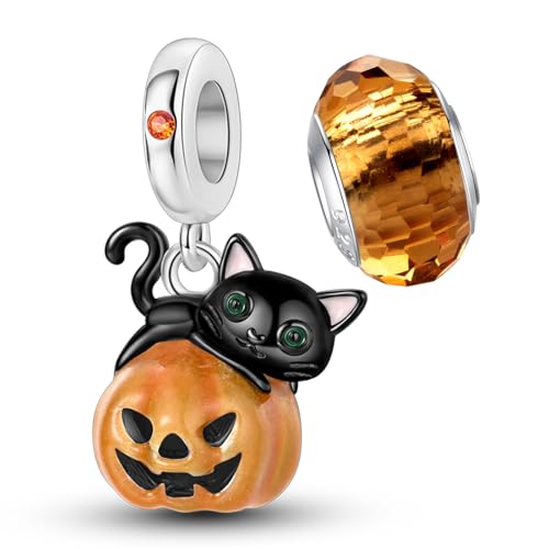 LNQOBU 925 Sterling Silver Charms for Bracelets Dangle Pendant fit Pandora Bracelets or Necklaces Jewelry Woman Gift Beads Charm (With one Spacer Beads) - style: Black Cat Luminous Pumpkin Charm