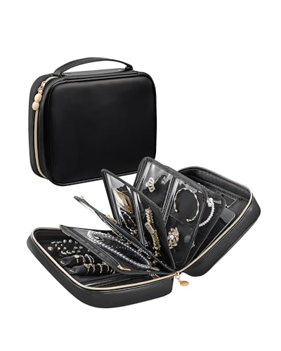 Lolalet Travel Jewelry Notebook Organizer Case, Large Jewelry Binder Book with Individual Pouches, Portable Leather Zippered Bag for Jewelry Storage of Earring, Ring & Necklace, Gift for Women -Black - color: Black