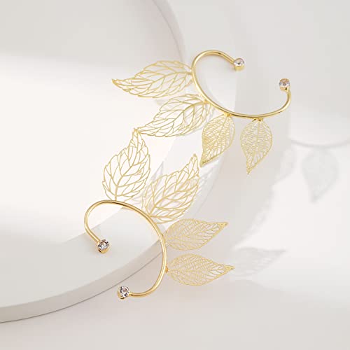 Yumikoo Elf Ear Cuffs Fairy Earrings Non Piercing Golden Leaves Earrings for Women