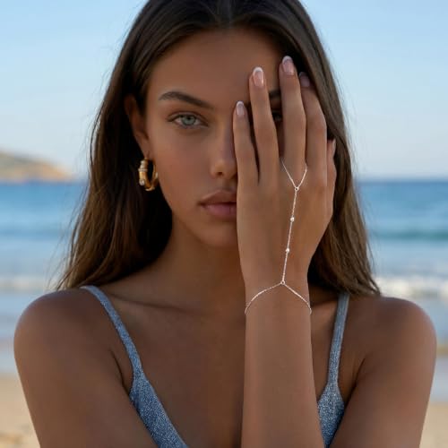 Waterproof 14K Gold Plated Hand Chain for Women Trendy, Non Tarnish Dainty Cubic Zirconia Finger Ring Bracelet, Summer Beach Hand Jewelry Minimalist Adjustable Simple Cute Gold Ring Chain Bracelets Fashion Gifts - color: Silver