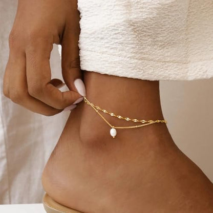 NIXMAX Gold Anklets for Women, Waterproof Chain Trendy Ankle Bracelets | Non Tarnish, Adjustable Fit, 14K Gold Plated, Dainty Layered Looks, Summer Beach Vacation Body Jewelry, Gifts for Women - color: Gold-Pearl