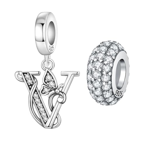 2 Pack 925 Sterling Silver Butterfly Letter Charms for Bracelets and Necklace Alphabet Initial Dangle Pendants Round Spacer Beads Pave Cubic Zirconia Jewelry Gift for Women - color: V Set