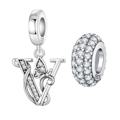 2 Pack 925 Sterling Silver Butterfly Letter Charms for Bracelets and Necklace Alphabet Initial Dangle Pendants Round Spacer Beads Pave Cubic Zirconia Jewelry Gift for Women - color: V Set