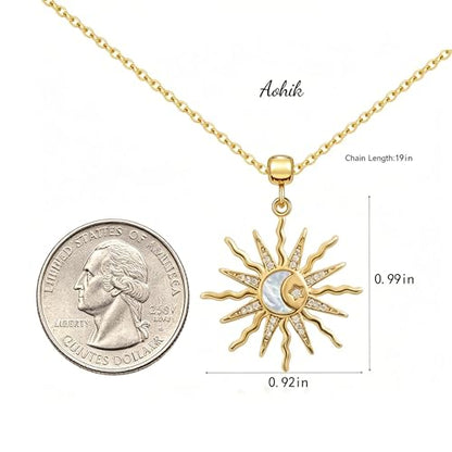 Dainty 14k Plated Gold Sun Necklace for Women, Trendy CZ Sunburst Pendant Necklace Non Tarnish Jewelry for Gifts - style: Shell