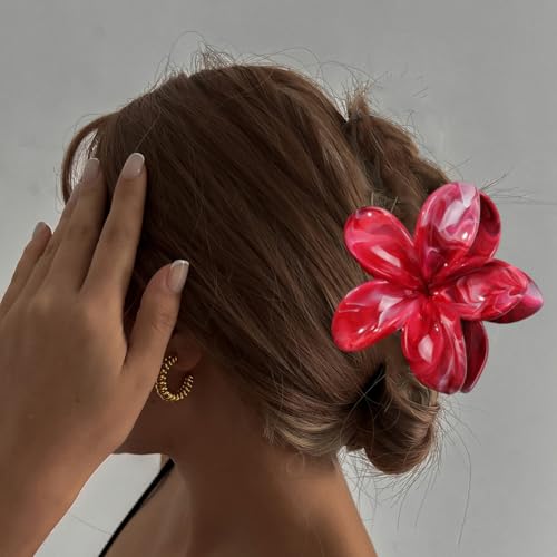 Flower Hair Clips for Women Girls Cute Claw Clips Set Wine-Red Plumeria with Marble Design Barrettes Summer Hair Clip Fashion Hair Styling Accessories for Thick Thin Hair(3Pcs:1Large 2Small) - color: Wine-Red