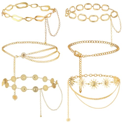 Liliaafar 6 Pcs Gold Silver Waist Chain Belt for Women Multi Layer Sun Metal Adjustable Body Belly Chain for Jean Dress - color: Gold