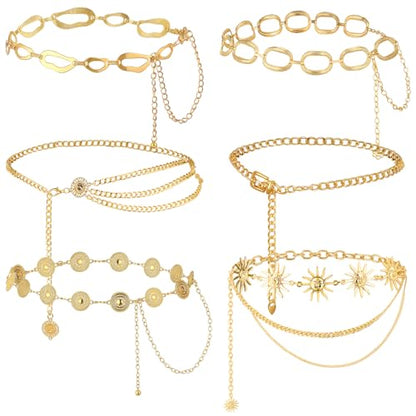Liliaafar 6 Pcs Gold Silver Waist Chain Belt for Women Multi Layer Sun Metal Adjustable Body Belly Chain for Jean Dress - color: Gold