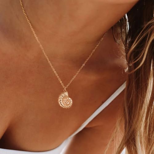 Dainty Gold Necklace: 14k Gold Plated Dianty Boots Bow Sun Moon Horse Evil Eye Conch Seahorse Necklace for Women 16.5"+2" - color: Nautilus