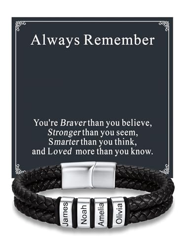 Custom4U Personalized Braided Leather Bracelet for Men with Name Engraved | 1-5 Name Engraving, Stainless Steel Bead, 7.5/8.3/9 Inch Black Leather, Gift Design for Men with Custom Keepsake Cards - color: 01-Steel Color-Always Remember, size: 4 Names