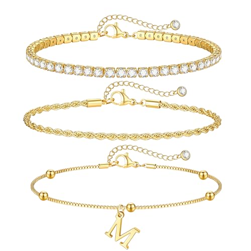 Gold Bracelets for Women Girls - Dainty Gold/Silver Bracelet Stack Jewelry Set Personalized Initial Bracelets Cute Stackable Rope Box Chain Tennis Bracelets Gifts for Women Teen Girl Gifts - color: M-Gold