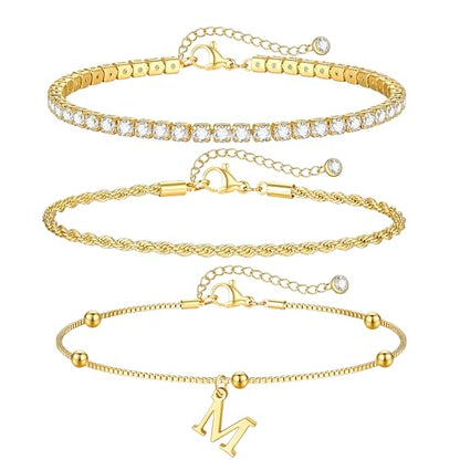 Gold Bracelets for Women Girls - Dainty Gold/Silver Bracelet Stack Jewelry Set Personalized Initial Bracelets Cute Stackable Rope Box Chain Tennis Bracelets Gifts for Women Teen Girl Gifts - color: M-Gold