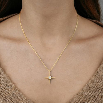 FENIMI Gold Necklace for Women 14K Gold Pendant Necklaces for Women North Star Necklace Pendant with Cubic Zirconia Gentle and Beautifully Bright Dainty Chunky Star Jewelry for Womens