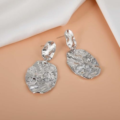 Large Geometric Drop Dangle Earrings for Women Pearl Teardrop Disc Rectangle Oval Fishtail Shell Shaped Textured Dangle Studs Earrings for Women - color: Silver-Oval