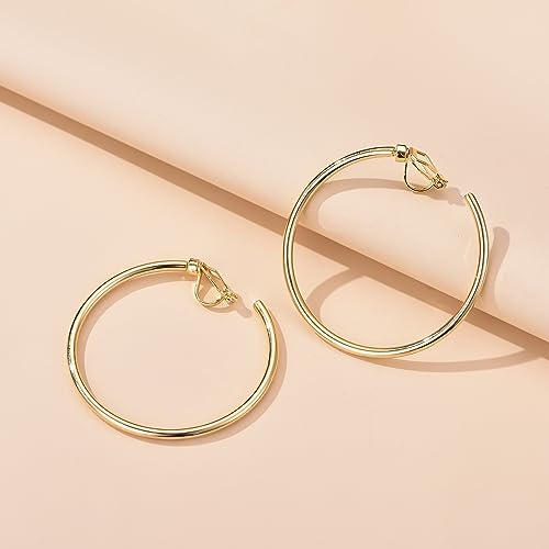 YOQUCOL 5CM(2.0IN) Golden Swingable Clip On Hoop Earrings for Women Non Pierced Ears Hoop Earrings - color: A