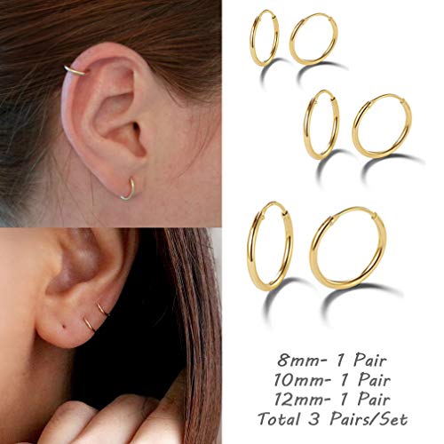 EPIRORA Sterling Silver Hoop Earrings for Women Men, Hypoallergenic Cartilage Earring Endless Small Hoop Earrings Set, 3 Pairs Tragus Earrings (8mm/10mm/12mm) - style: 2# 3 Pairs(8/10/12mm)-Gold