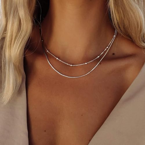 Freekiss Layered Necklace Set for Women Stackable | Herringbone Snake Cuban Rope Chain, Dainty Choker, Layered Stackable, Non Tarnish, Hypoallergenic, Adjustable 14-18.5" - color: Silver, style: Layer Beaded Choker+1.5mm snake