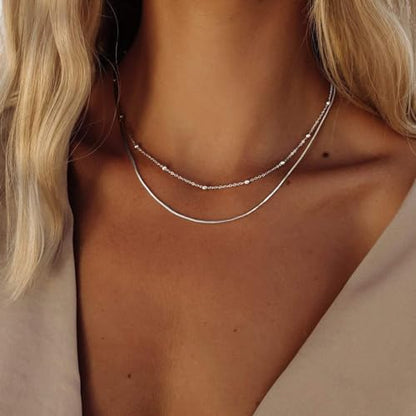 Freekiss Layered Necklace Set for Women Stackable | Herringbone Snake Cuban Rope Chain, Dainty Choker, Layered Stackable, Non Tarnish, Hypoallergenic, Adjustable 14-18.5" - color: Silver, style: Layer Beaded Choker+1.5mm snake