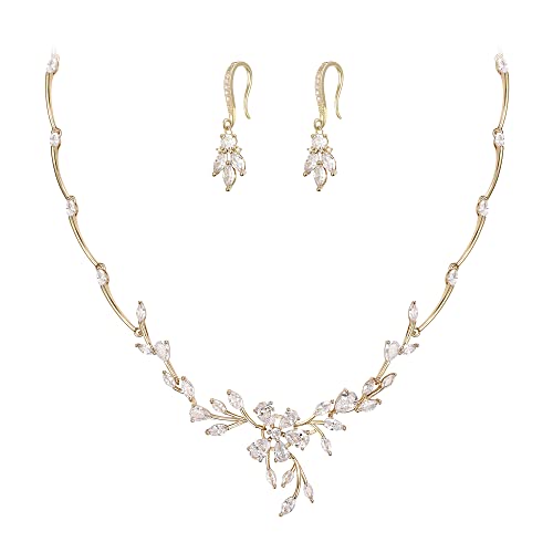 Crysdue Women's Wedding Bridal Jewelry Set for Brides Bridesmaids Cubic Zirconia Flower Leaf Vine Necklace Dangle Earrings for Prom Party - style: 16-gold