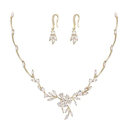 Crysdue Women's Wedding Bridal Jewelry Set for Brides Bridesmaids Cubic Zirconia Flower Leaf Vine Necklace Dangle Earrings for Prom Party - style: 16-gold