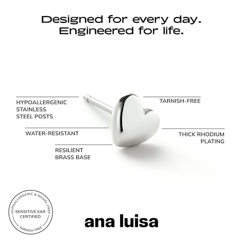 Ana Luisa Puffed Heart Earrings - Heart Charm Huggie Hoops and Earring Stud Styles - Dainty 14K Gold Plated, Silver Rhodium Plated & Mixed Metal Silver & Gold Earrings - Hypoallergenic Water-Resistant - color: Silver Stud