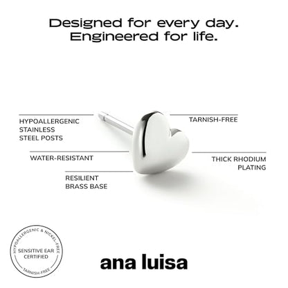 Ana Luisa Puffed Heart Earrings - Heart Charm Huggie Hoops and Earring Stud Styles - Dainty 14K Gold Plated, Silver Rhodium Plated & Mixed Metal Silver & Gold Earrings - Hypoallergenic Water-Resistant - color: Silver Stud