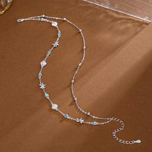 Midir&Etain Beach Anklet Sterling Silver Ocean Layered Rosary Anklet Turquoise Bracelet Double Chain Jewelry Summer Vacation Gift for Women Her - color: Starfish