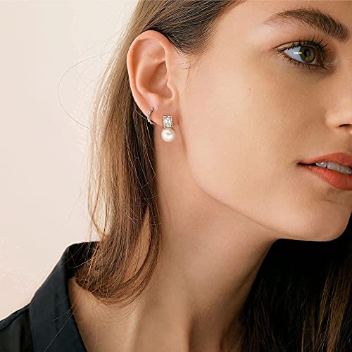 925 Sterling Silver Hoop Handpicked AAA+ Quality 7.5-8mm White Freshwater Cultured Pearl Dangle Drop Earrings Jewelry for Women - color: 4. Gold Plated CZ