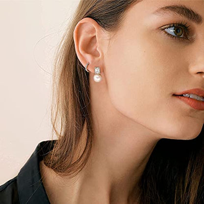 925 Sterling Silver Hoop Handpicked AAA+ Quality 7.5-8mm White Freshwater Cultured Pearl Dangle Drop Earrings Jewelry for Women - color: 4. Gold Plated CZ