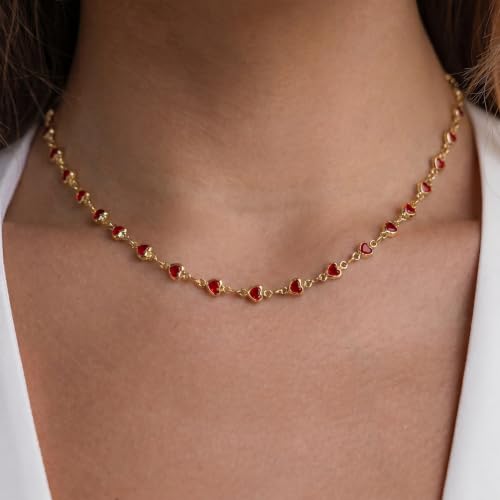 Colorful Necklace for Women,14K Gold Plated Chain With Crystal Necklace Womens Statement Cute Trendy Surfer Beach Choker Necklaces Gifts - color: Red Heart