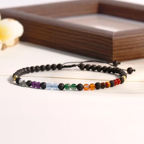 Colorful 7 Chakra Gemstones Beaded Anklet for Women Foot Jewelry | Adjustable 8.5-10 in, Ankle Bracelets for Women, Handmade, Positive Energy, Balance, Yoga, Meditation, Beach, Party, Vacation - style: Lava Rock