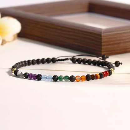 Colorful 7 Chakra Gemstones Beaded Anklet for Women Foot Jewelry | Adjustable 8.5-10 in, Ankle Bracelets for Women, Handmade, Positive Energy, Balance, Yoga, Meditation, Beach, Party, Vacation - style: Lava Rock