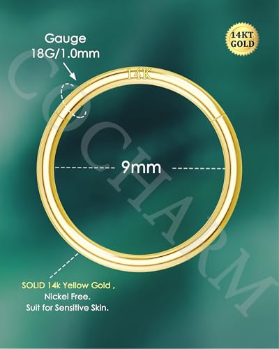 14K Solid Gold Nose Rings, Yellow Gold, 18g/16g/20g | For Women Man, Real Gold, 14Kt, Tiny Seamless Hoop, Nose Piercing, Cartilage Earring, Hypoallergenic - color: HoopA, size: 18g- 9mm
