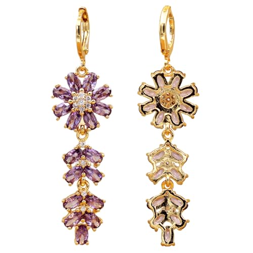 18K Gold Plated Flower Dangle Earrings for Women, Hypoallergenic Cubic Zirconia Earrings, Elegant CZ Drop Earrings, Statement Jewelry Gifts Party Fashion - style: Flower-Purple
