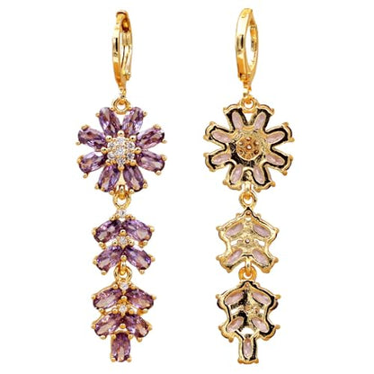 18K Gold Plated Flower Dangle Earrings for Women, Hypoallergenic Cubic Zirconia Earrings, Elegant CZ Drop Earrings, Statement Jewelry Gifts Party Fashion - style: Flower-Purple