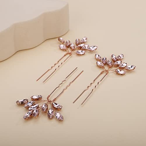 Teyglen 3pcs Bridal Crystal Hair Pins Rhinestones Hair Pieces Simple Crystal Wedding Hair Accessories Handmade Hair Pins for Women Bride Girls (Pink) - color: Pink