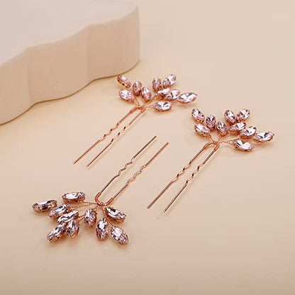 Teyglen 3pcs Bridal Crystal Hair Pins Rhinestones Hair Pieces Simple Crystal Wedding Hair Accessories Handmade Hair Pins for Women Bride Girls (Pink) - color: Pink