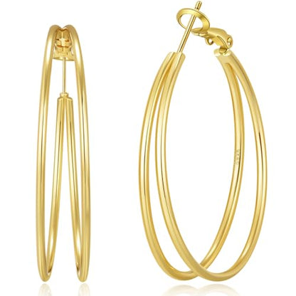 Large Thin Double Hoop Earrings for Women Lightweight Hypoallergenic 925 Sterling Silver Post 14K Gold Hoops Non Tarnish Sturdy Big Thin Double Layered Hoop Earrings 30/40/50/60mm - color: Gold, size: 40mm