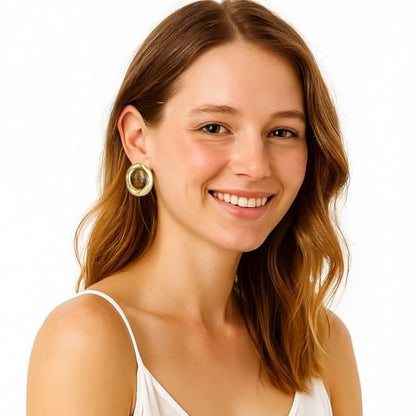 Brown Earrings Circle Chunky Earrings for Women Trendy 18K Gold Plated Stud Hoop Stainless Steel Hypoallergenic - color: Oval Stud Brown Color