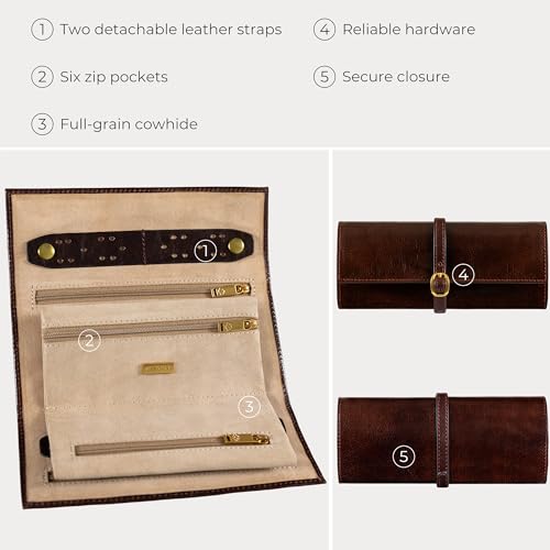 Time Resistance Leather Jewelry Roll - Full Grain Leather Travel Jewelry Case - Jewellery Organizer Made in Italy (Brown) - color: Brown