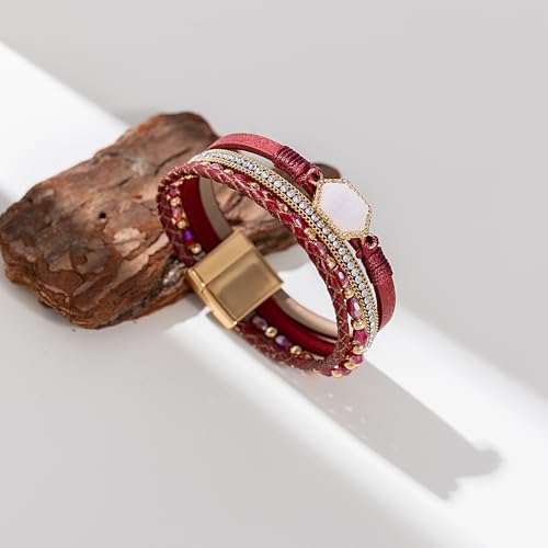 FANCY SHINY Crystal Beaded Leather Wrap Bracelet Stackable Boho Jewelry for Women Resin Stone Bangle Cuff with Magnetic Clasp - color: Burgundy